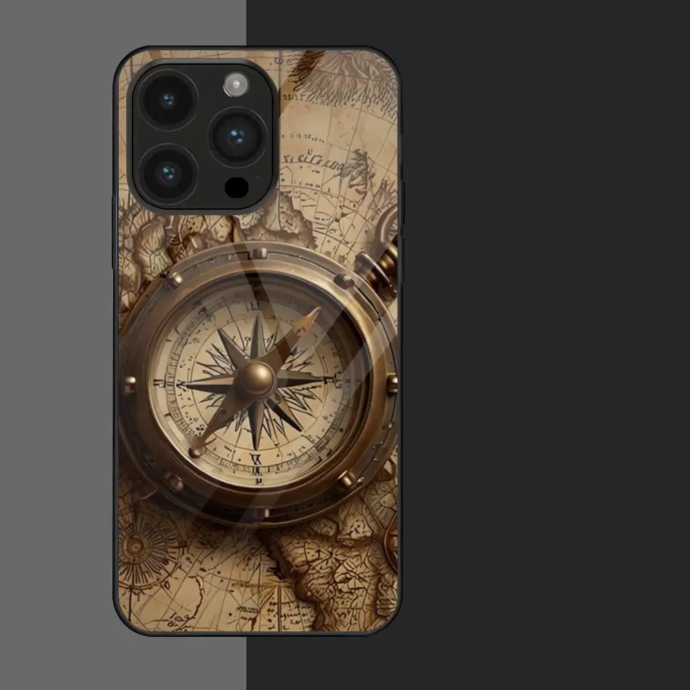 1-PC World Map Compass MAISTO Phone Case Glass Phone Case For Iphone 16 15 14 13 11 12 Pro Max Xr X Xs 8 7 Plus