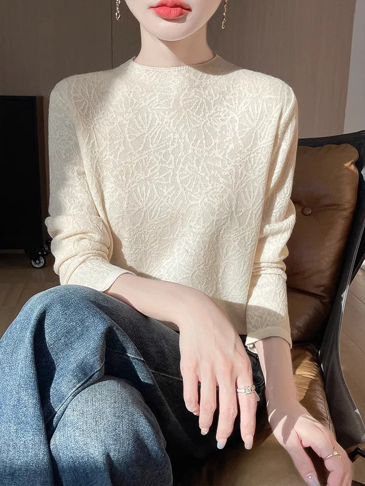 Primavera 2025 feminino pesado bordado longo sve f gola alta base irt sli malhas roupa interior commute sle