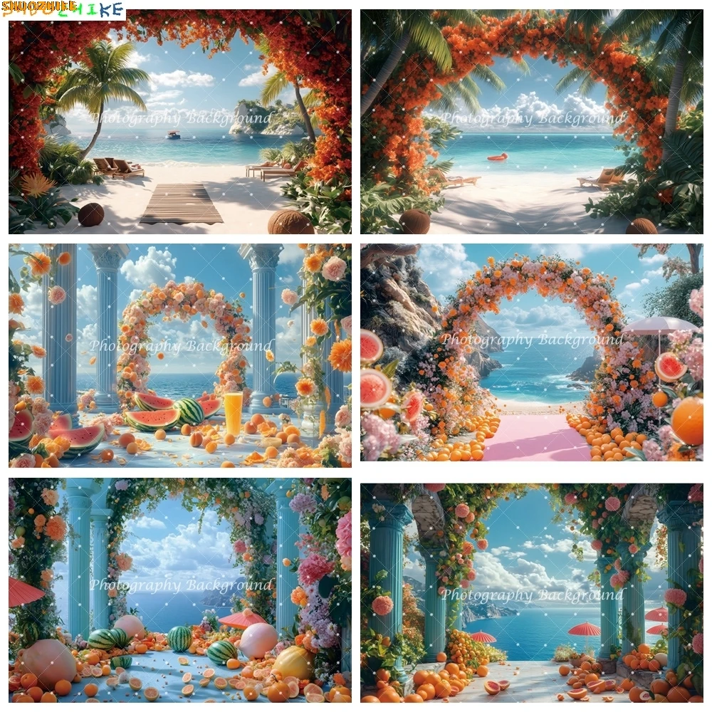 

2025 Summer Seaside Tropical Fruit Backdrop Beach Palm Tree Flower Arch Watermelon Wedding Birthday Party Decor Photo Background