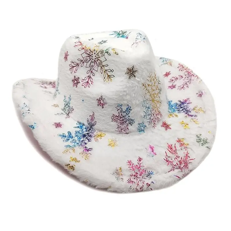 39BD Vintage Homburg Cowboy Hats Christmas Hat Western Porkpie Hat Snowflakes Top Hat for Dinner Outdoor Casual Wear