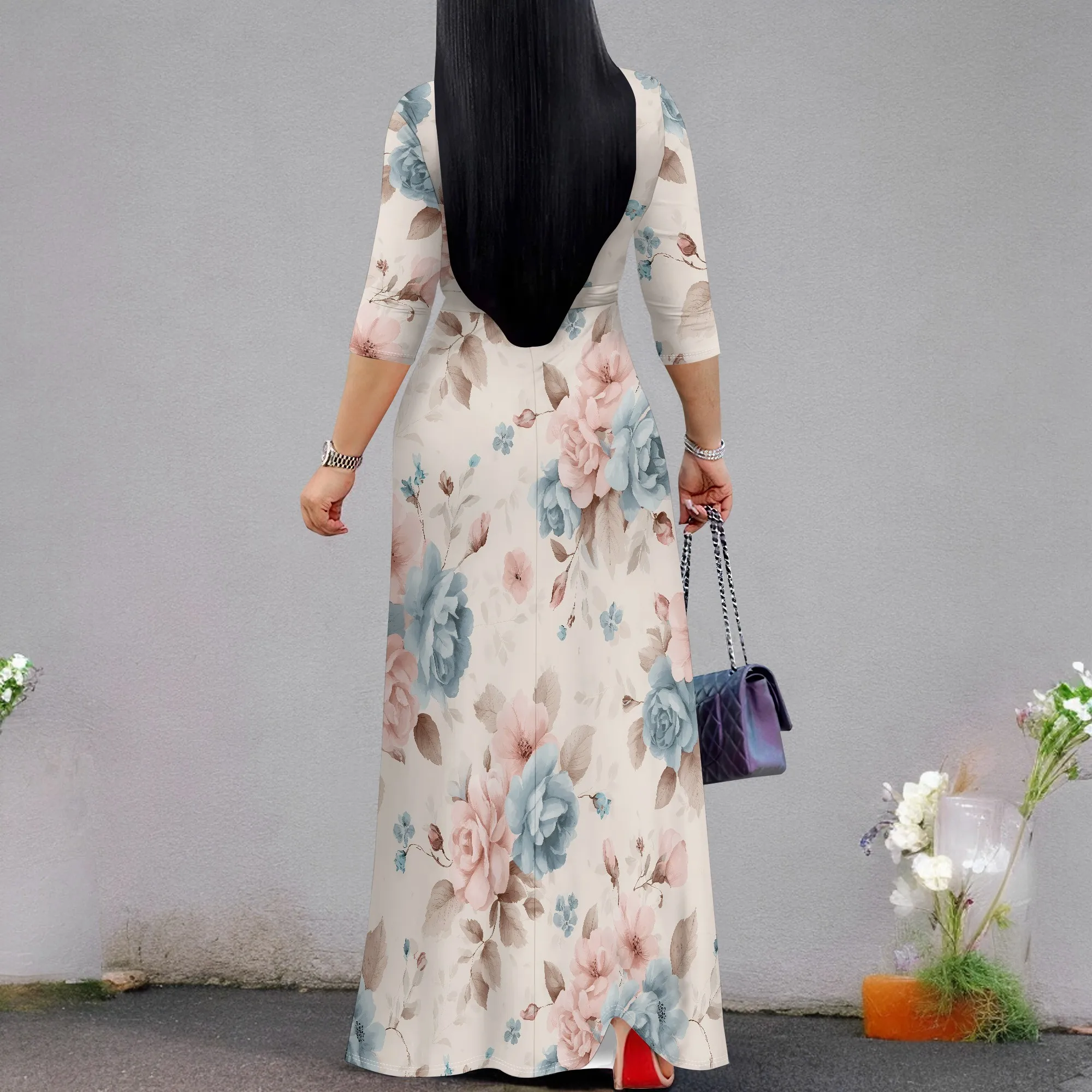 Floral Print V-Neck Midi Dress with Belt and Pockets Elegant Wrap Style for Women Perfect for Summer Parties and Casual Outings