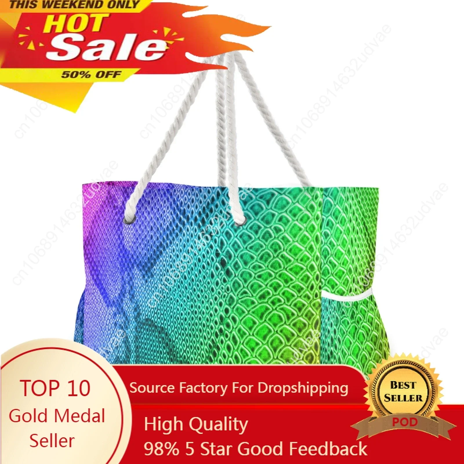 Tote Bag For Travel Beach Grocery Shopping Rope Handle Women's Reusable Cute Bags For Girls Rainbow Snake Skin Print Colorful