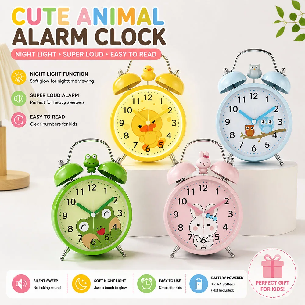 Cute Animal Alarm Clock with Night Light for Kids Silent Sweep Bell  Loud Alarm Clock Bedroom Desk Decor Gift for Boys & Girls