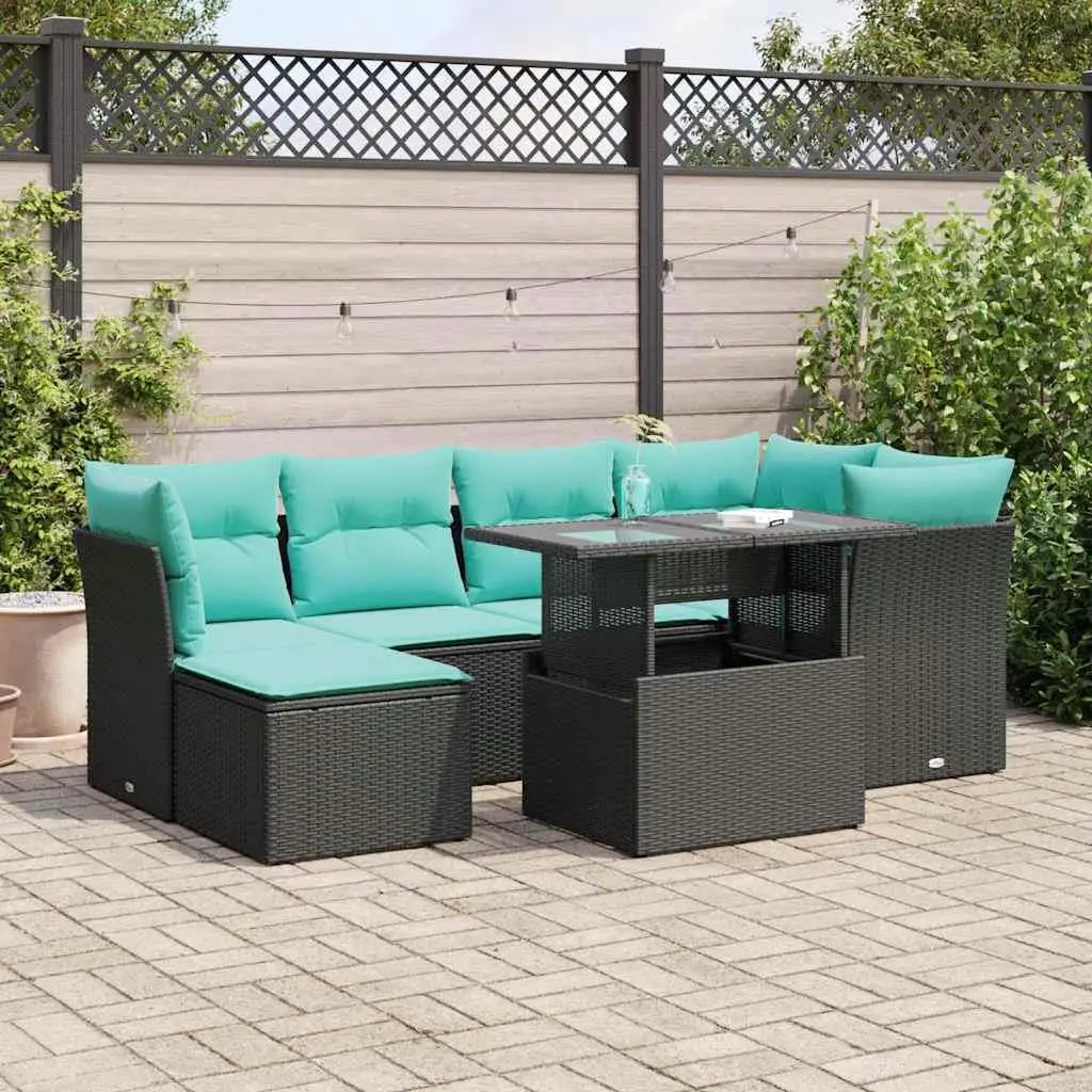 

7 Piece Outdoor Patio Sofa Set Cushions Black Rattan Acacia Wood Furniture Garden Lounge