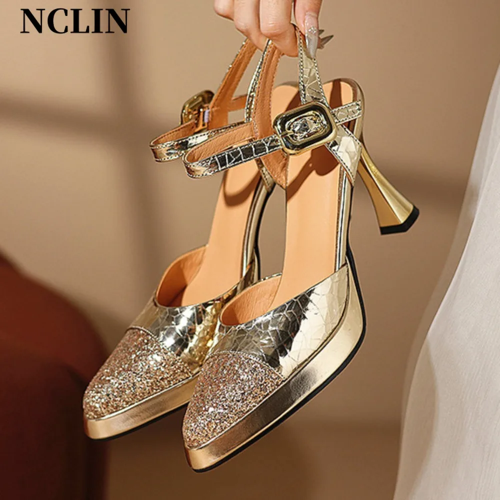

New Fashion Pointed Toe Genuine Leather Sandals Woman Sexy High Heels Ladies Summer Party Wedding Platform Shoes Women Slingback