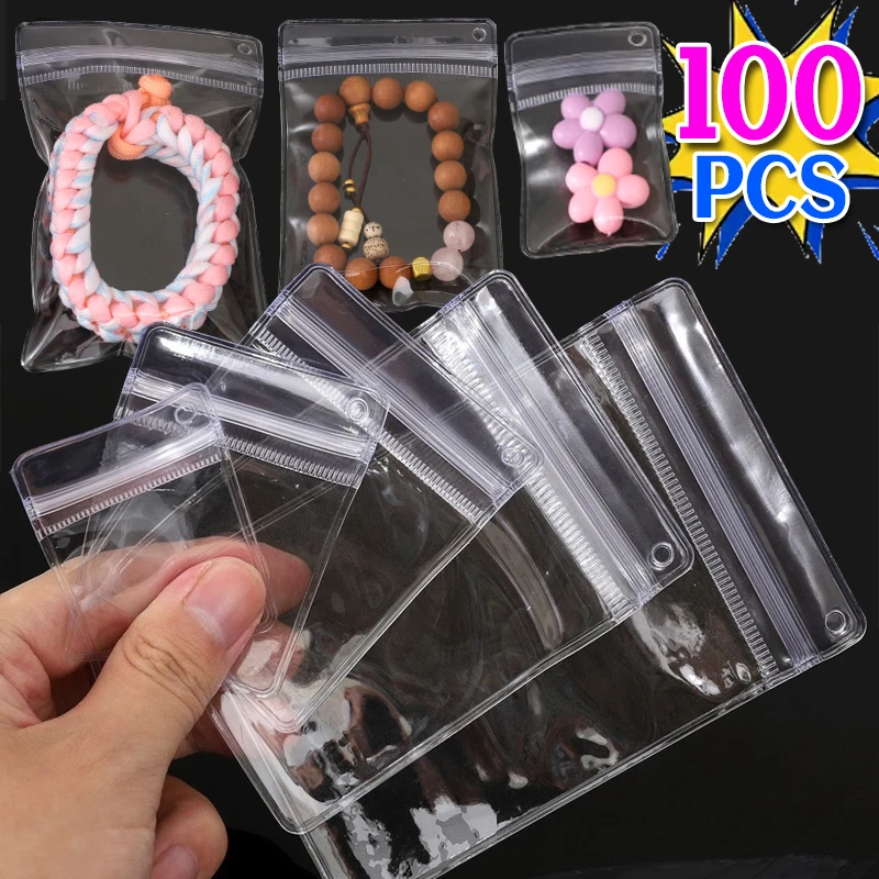 20/100Pcs PVC Plastic Self Sealing Bag Dustproof Clear Zip Lock Bags with Hanging Holes Reusable Multi-Size Jewelry Storage Bag