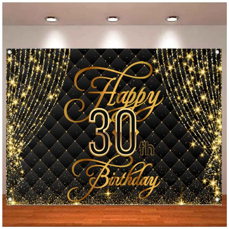 

Happy 30th Birthday Banner Photography Backdrop Royal Curtain Black Gold Background 30 Years Old Bday For Women Men Party Decor