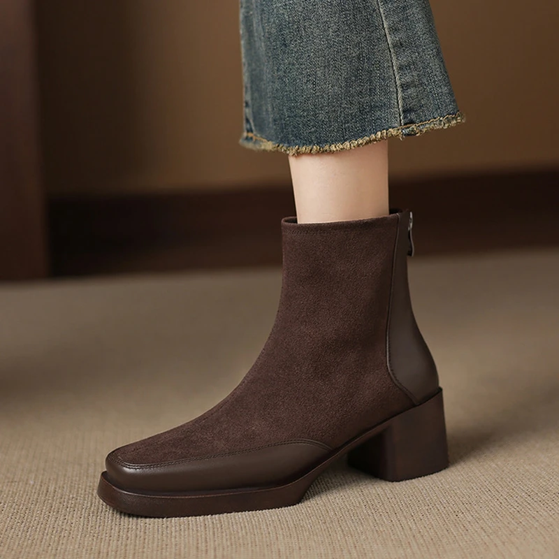 

Women's new genuine leather, cowhide, cow suede, round head zipper, high heels, plus size and calf Chelsea boots, fashion boots