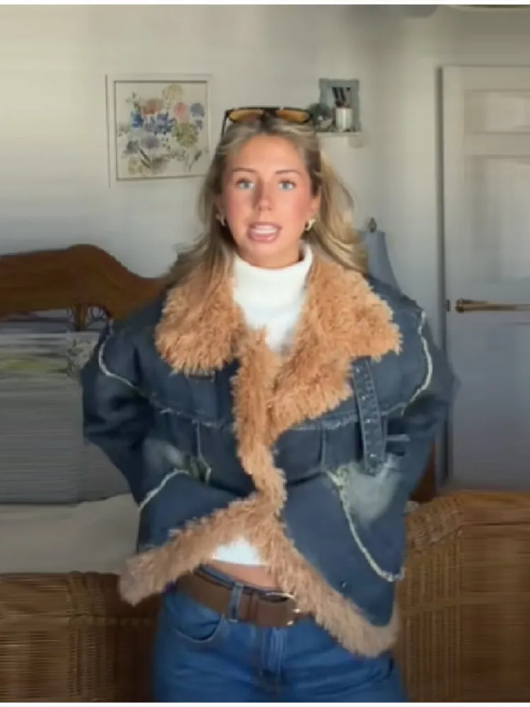 

Women Trendy Cowboy Warm Cotton Jackets Retro Long Sleeved Lapel Thick Jacket New Lady Autumn Winter High Street Commute Outfit