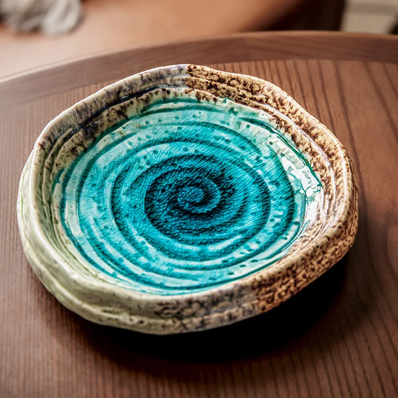 7-Inch Bitan Ice Crack Glaze Threaded Shaped Salad Plate Retro Ceramic Vegetable Plate, Dinner Plate