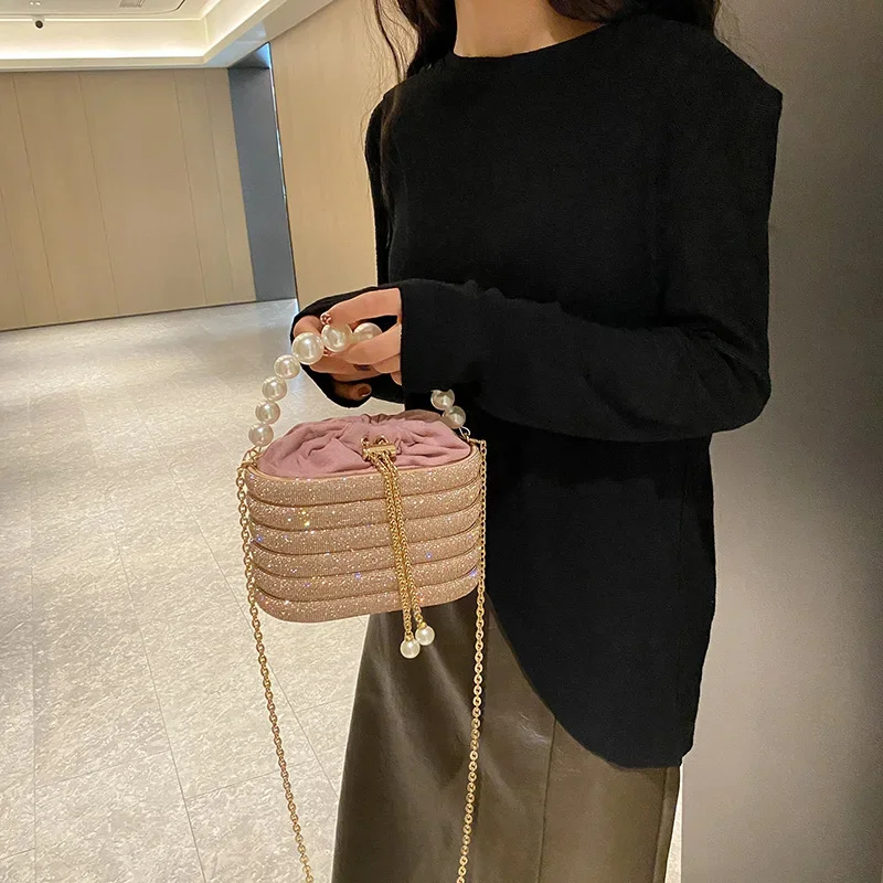 Bolsas de noite luxuosas para mulheres, deslumbrante, strass brilhante, pérolas, corrente, bolsa crossbody, embreagem para jantar, bolsa de ombro