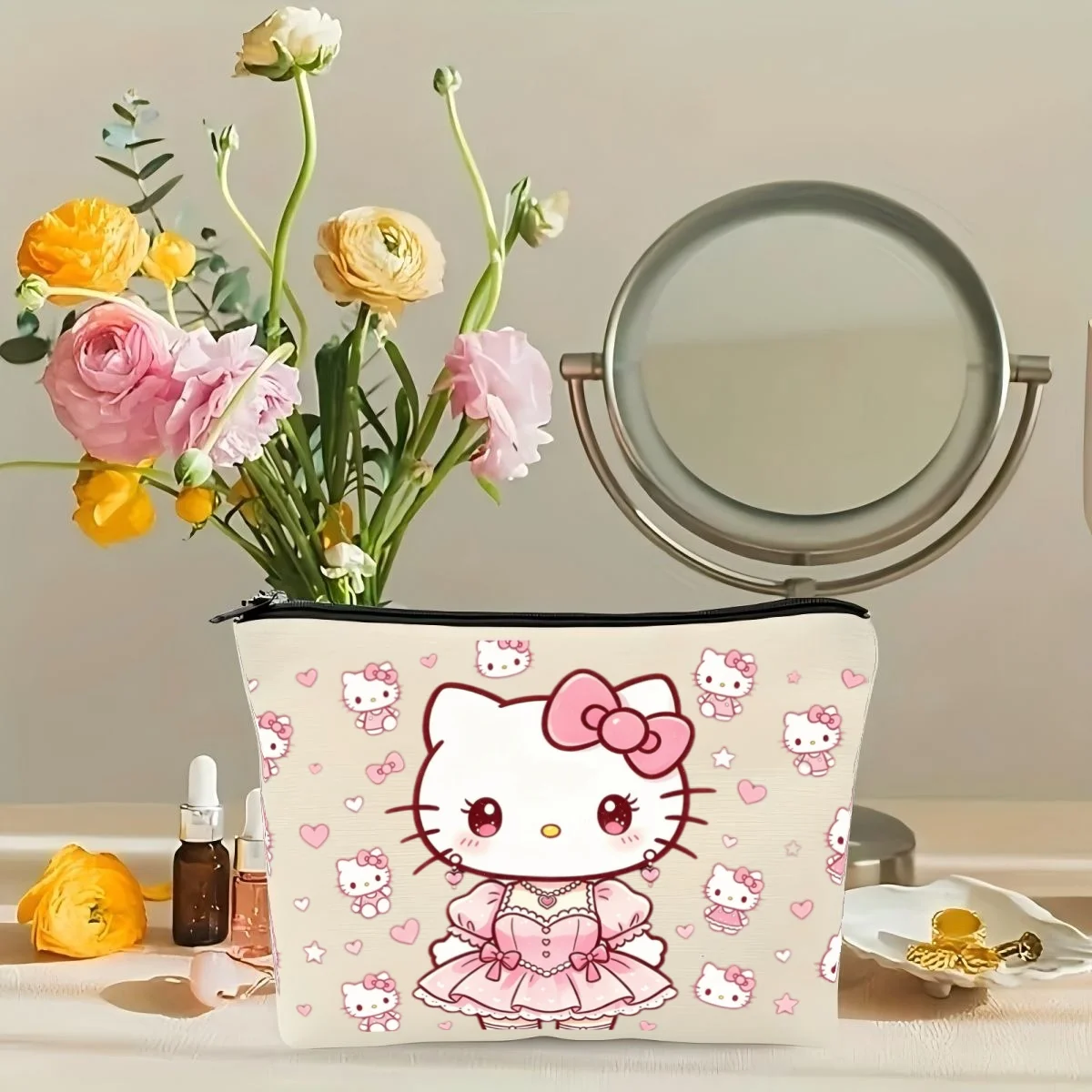 

1pc Cute Hello Kitty Princess Print Canvas Multi-use Cosmetic Bag Portable Zipper Pouch for Daily & Travel Use