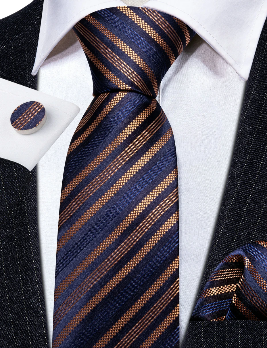 Designer Stripe Men Ties Navy Gold Retro Woven Neck-Tie Pocket Square Cufflinks Sets Wedding Gift Business Barry.Wang FA-6259