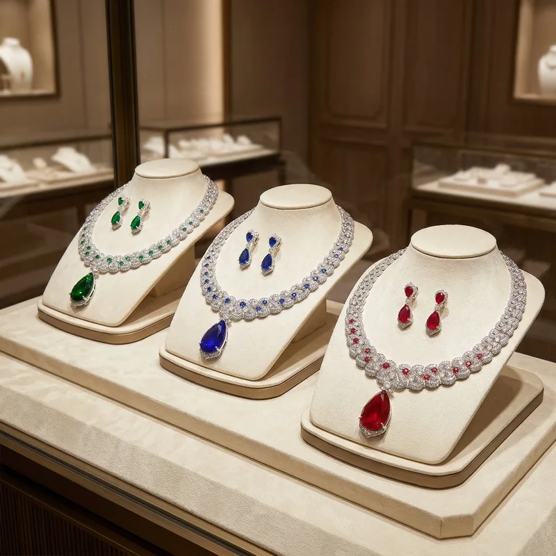 Europe America Style Necklace Earrings Inlay Cubic Zircon Red Blue Green Big Drop-shaped Tassels Pendant Party Jewelry Sets