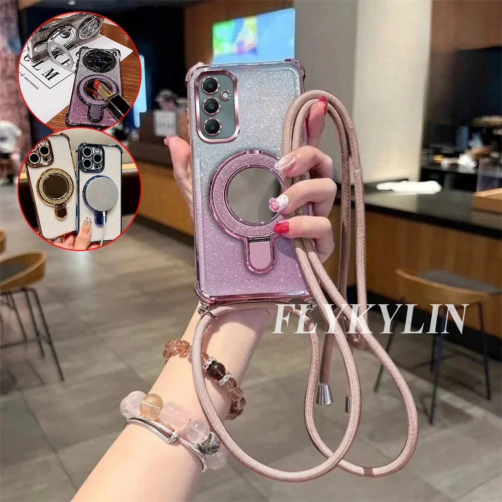 For Samsung A17 A37 A57 A16 A36 A56 A15 A35 A55 A14 A54 Makeup Mirror Holder With Glitter Paper Soft Shell And Long Back Rope