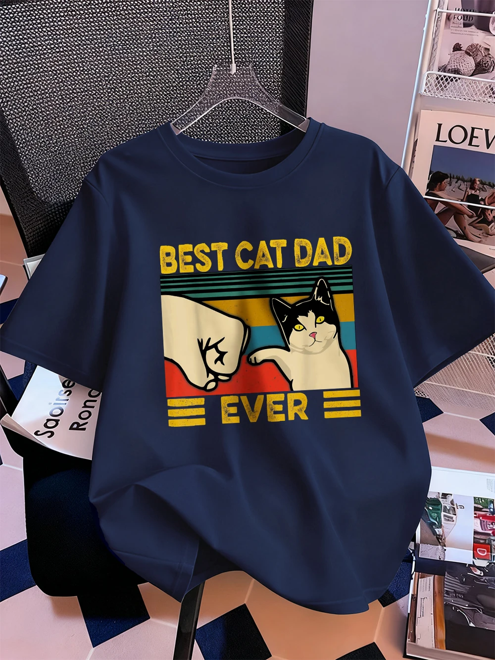 Best Cat Dad Ever Printing T-Shirts Womens Cotton Summer T Shirts Comfortable Loose O-Neck Short Sleeve Tees Street Womans Tops