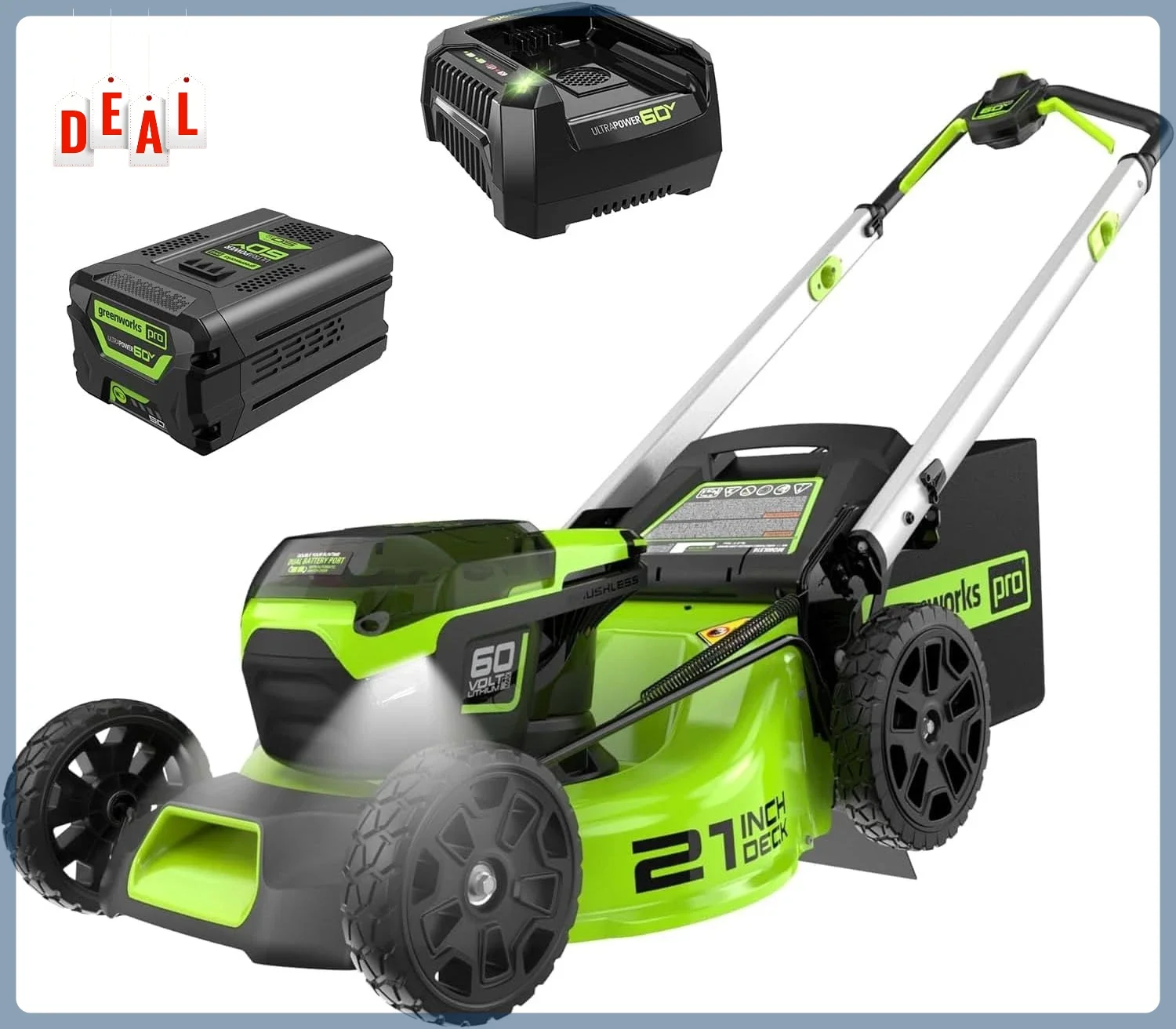 

60V 21” Cordless (Push) Lawn Mower (LED Lights + Aluminum Handles), 5.0Ah Battery and Rapid Charger