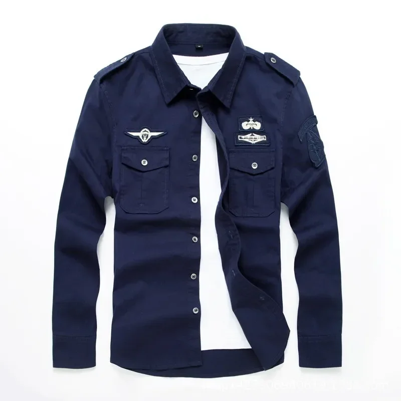 

top quality fashion men long sleeve cotton shirts military fitness cargo outwear dress shirts M-6XL AYG75