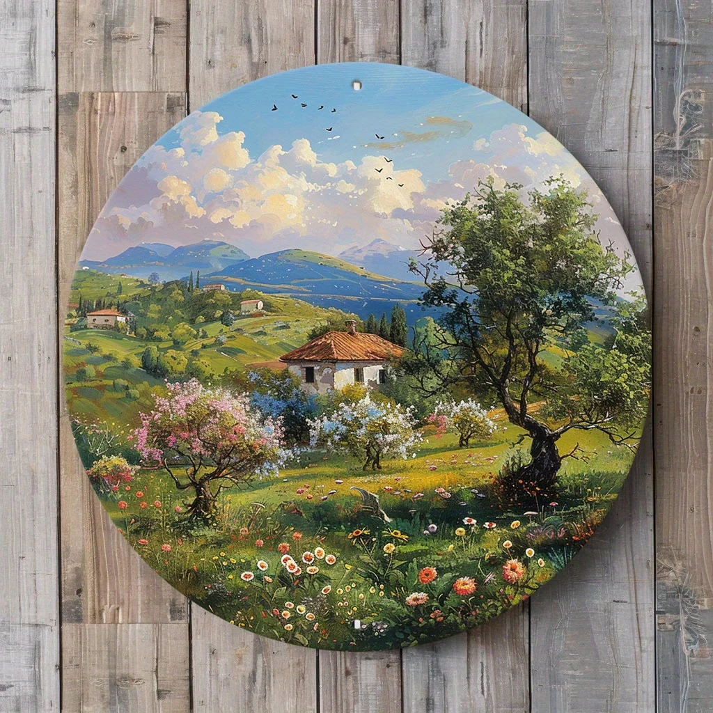 Vintage Tuscan Countryside Landscape Round Tin Sign, Retro Italian Villa Mountain Meadow Oil Painting Style Metal Wall Art, Rust