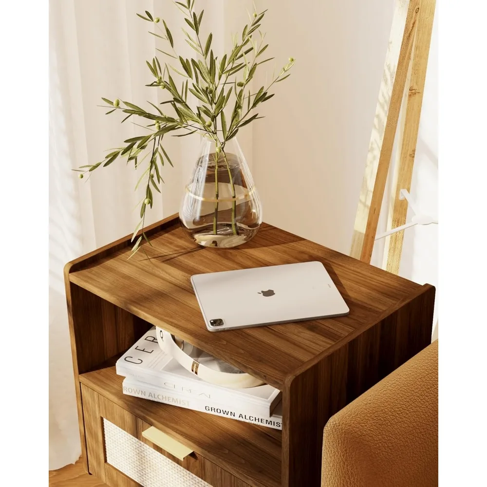 Rattan Nightstand with Solid Wood Legs,Bedside Table with Storage Drawer and Open Wood Shelf, for Living Room, Bedroom