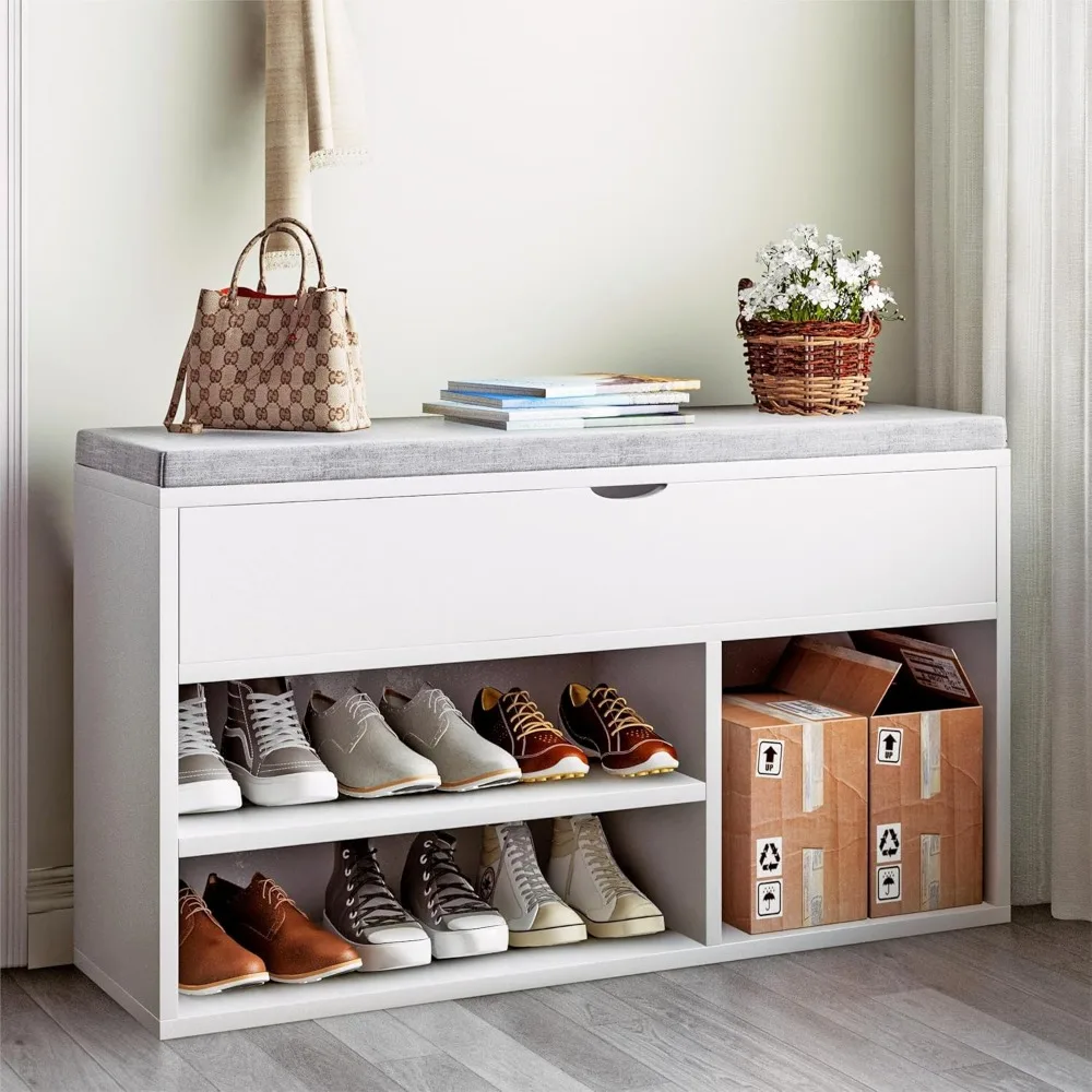 Entryway Bench With Lift-Top Storage Box & 2 Tiers Open Shoe Rack White Shoerack Bedroom Organizer Cabinet Modern Living Room