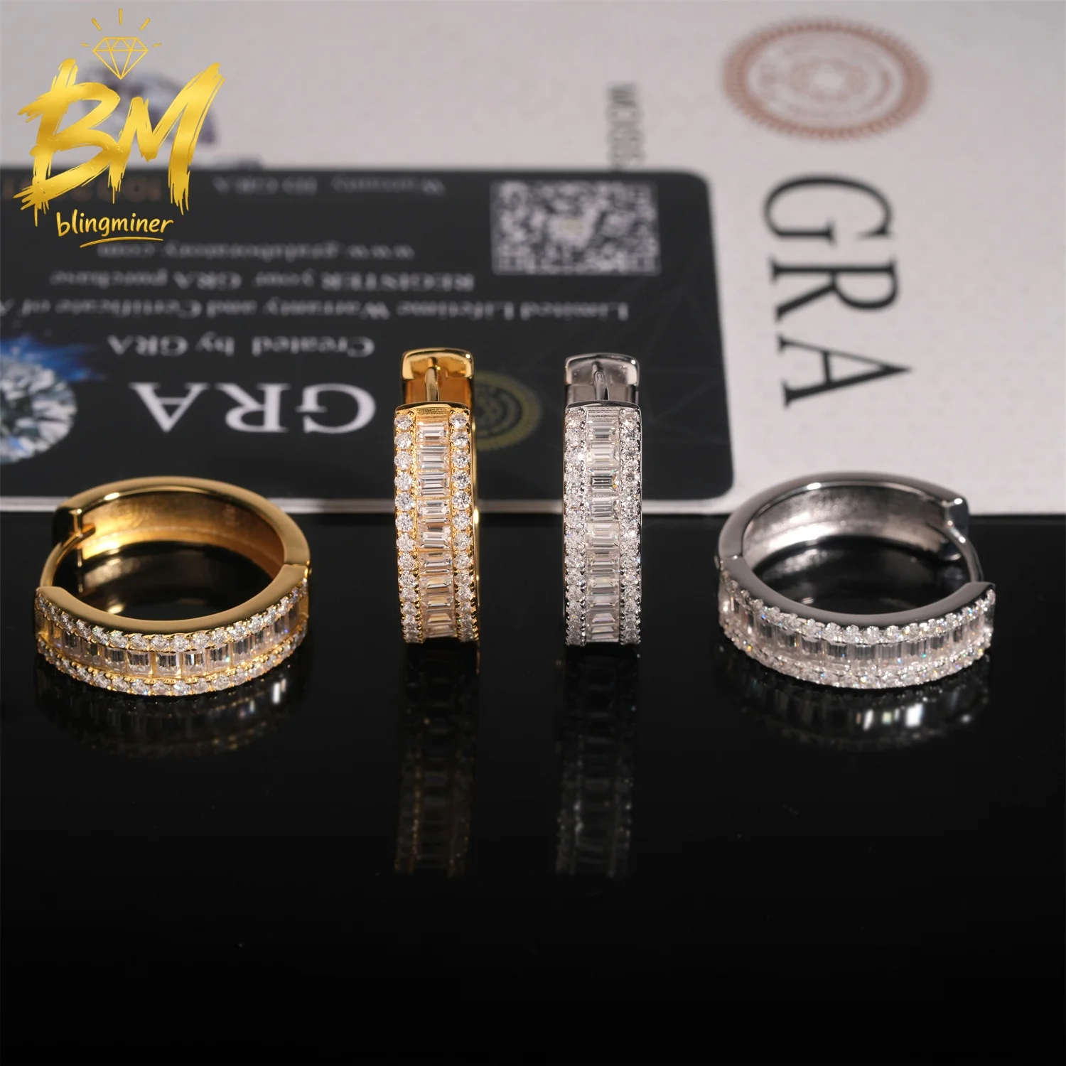 Blingminer Hoop Baguette VVS Moissanite Earrings For Men Women S925 Silver Ear Studs Pass Diamonds Tester GRA Free Shipping