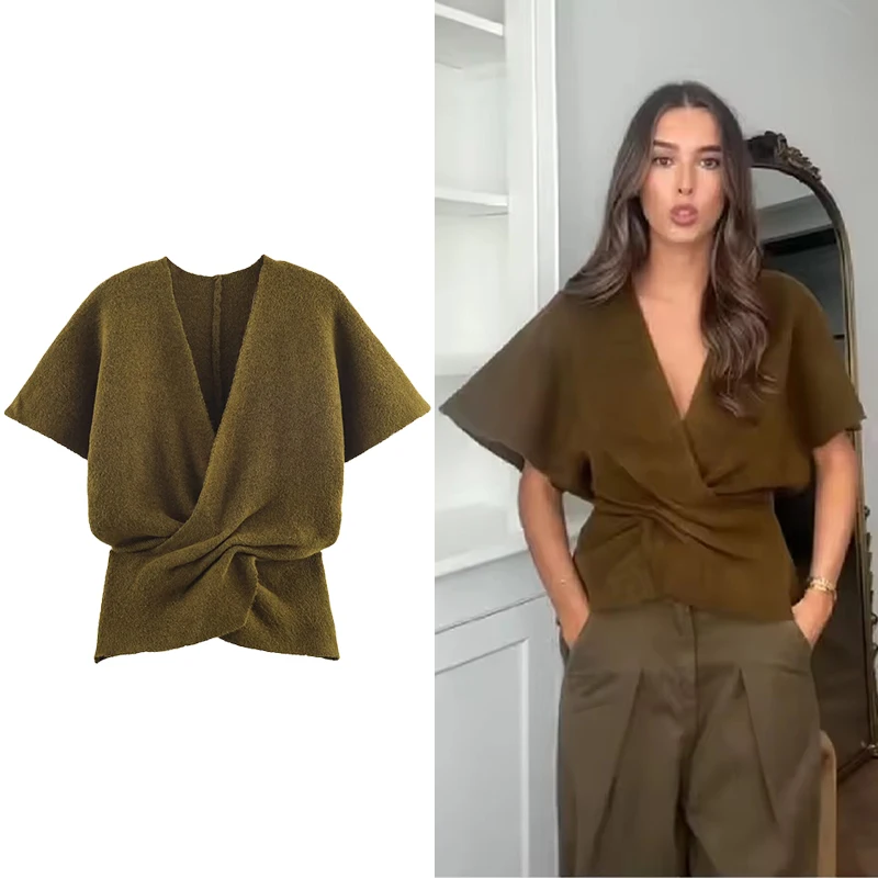 

Women's Sweater Top Soft Ruched Cross-Front Chic Simple Lady Knitwear Stylish Trend Vintage Autumn Pullover Outfits