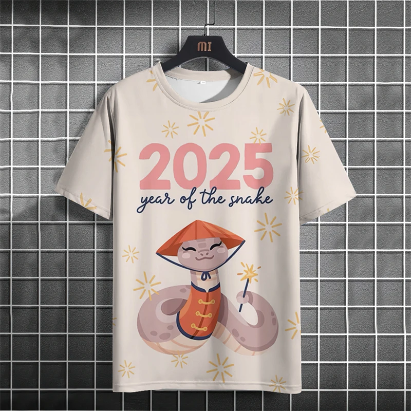 Year Of The Snake 2025 Chinese New Year Red T-Shirt 3D Printed Men Women New O-Neck Short Sleeves Tops Fashion Gifts For Men Tee