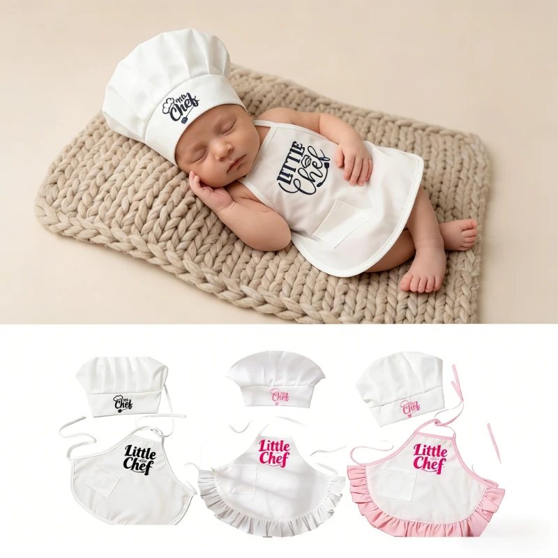 

Реквизит для фотосъемки новорожденных, унисекс, костюм повара для мальчиков и девочек, розовый фартук с рюшами, шапка, 2 предмета, наряд для фотосессии младенцев в образе повара