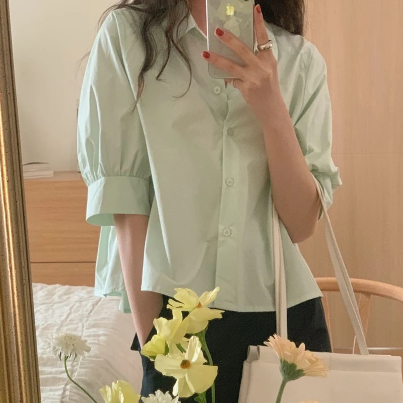 

Fre Sle Women's Loose ort Sve irt Ba Pleated Design Summer 2023 New Faion Korean Version Cotton Collar