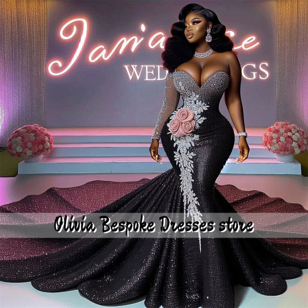 Modern Black Aso Ebi Evening Dresses Beaded Rhinestones Applique One Shoulder Long Sleeves Mermaid African Wedding Customized