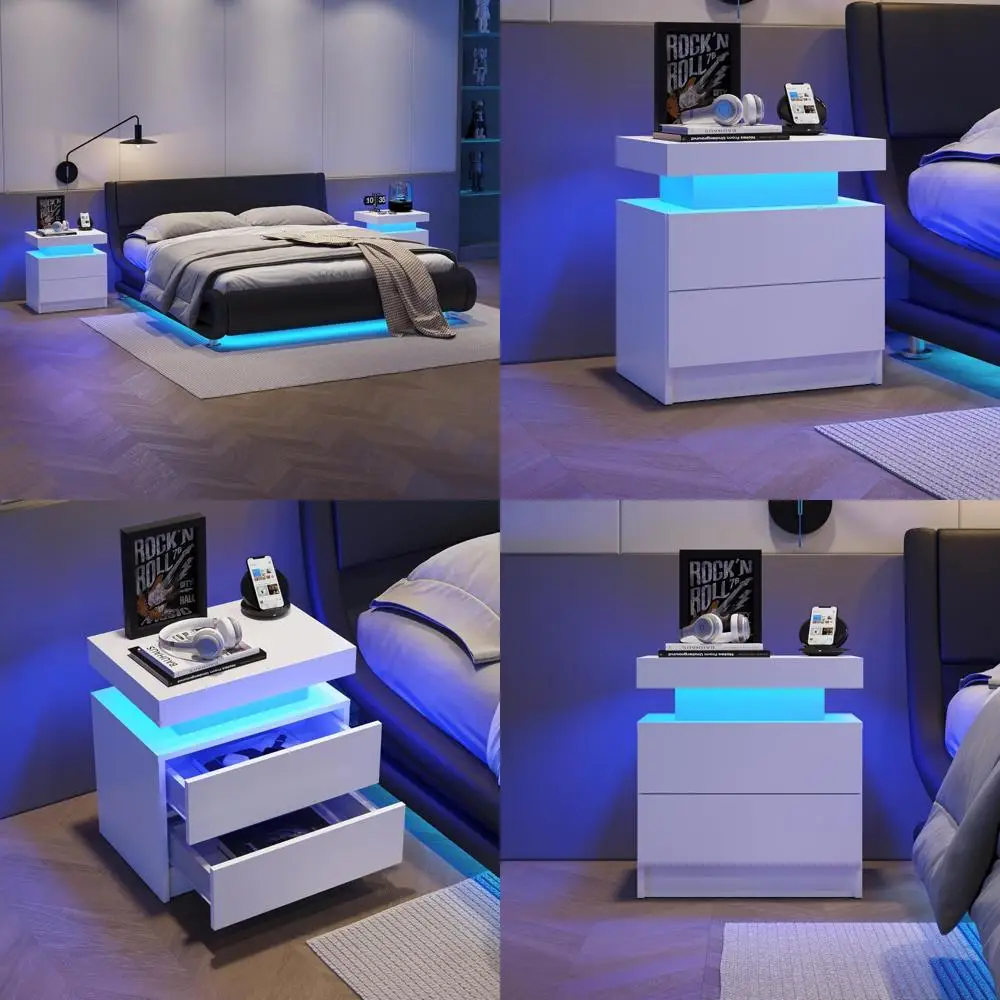 Modern LED Nightstands Set of 2 - Bedroom Night Stands with Drawers and LED Lighting for Contemporary Style