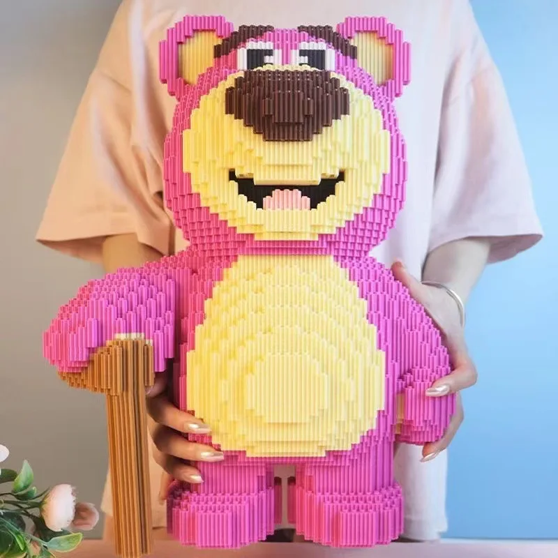 Bloques de construcción de oso de fresa para niños, juguete Kawaii de oso rosa, regalo de Decoración de mesa