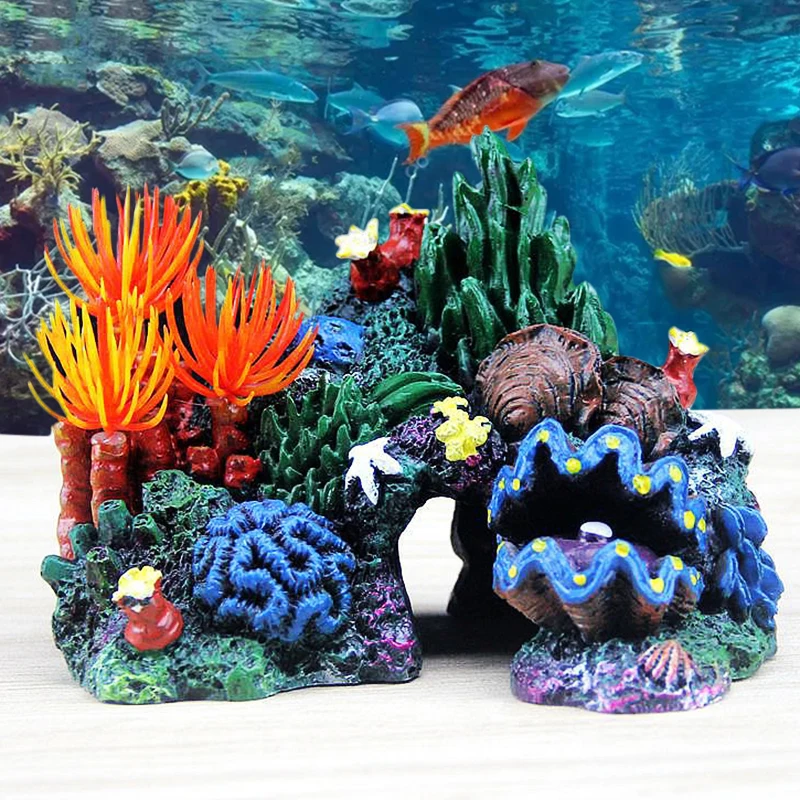 Acquario resina corallo pianta Shell Reef Mountain Cave ornamento Fish Tank Decor