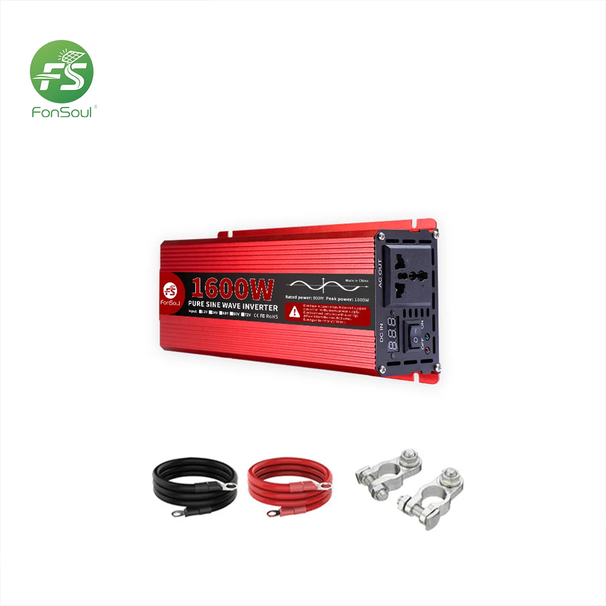 Fonsoul Solar Inverter 1600W DC 12V 24V to DC 110V 220V Pure Sine Wave 1 Universal Outlet Diy Solar Automobile RV Home Appliance
