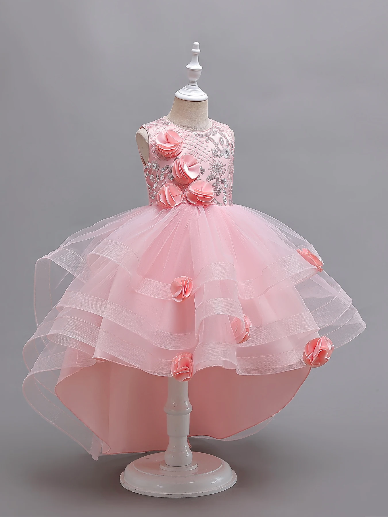 Pink Flower Girl Party Dresse for 3 to 12 Year KID Birthday Princess Tail Dress Sleeveless Girl ball Dress