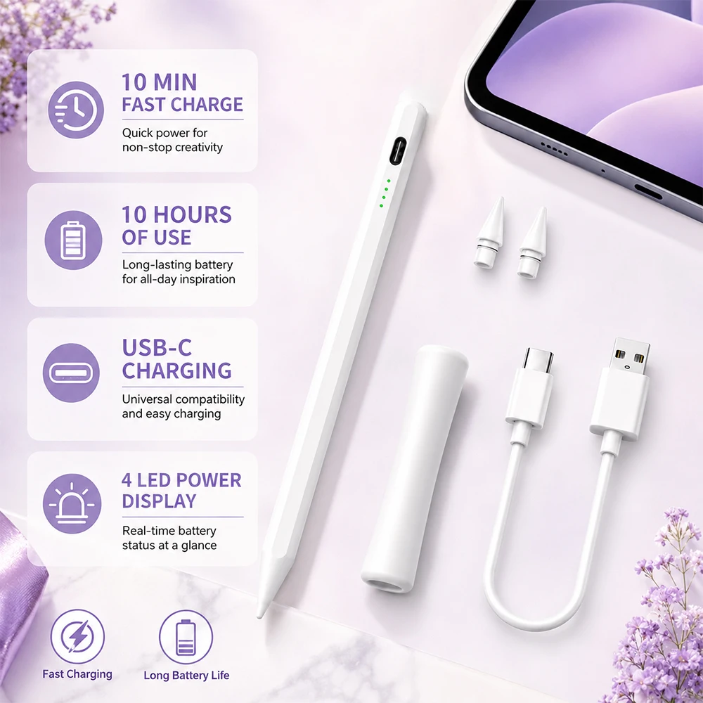 Stylus Pen for iPad Auto Sleep Touch Screen Pencil with 4 LED Power Display USB-C Fast Charging Digital Drawing Stylus with