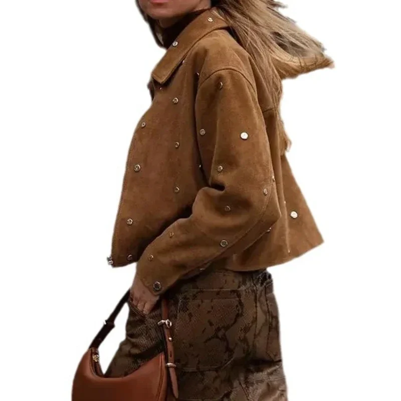 سترة نسائية لخريف 2025 بمزاج أنيق وطية صدر السترة من جلد الغزال سترة قصيرة #5