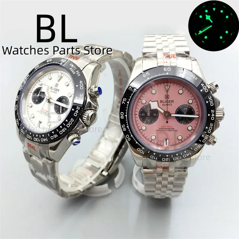 Bliger 39Mm Zwart Roze Wijzerplaat Vk64 Maan Quartz Chronograaf Horloge Voor Mannen Met 5 Handen 6 Uur Datum Waterdicht Saffier Kristal