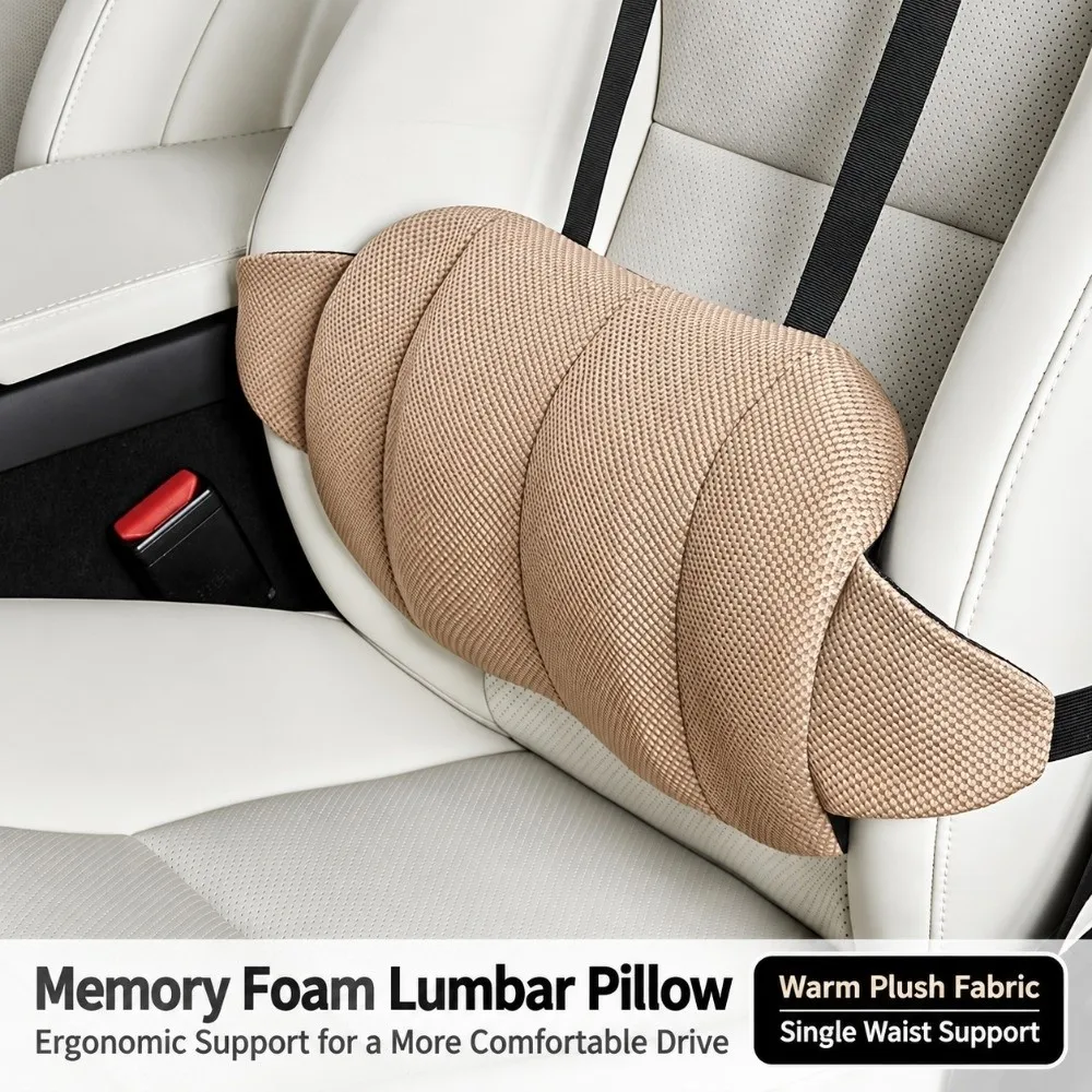 Memory Foam Lumbar Support Cushion Mesh Cover Breathable Mesh Car Seat Cushion Curved Shape Adjustable Strap