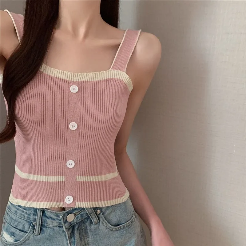 Women Knit Crop Tops Button Square Neck Sexy Solid Sleeveless Rib Tank Tops Summer Korean Fashion Outside Backless Camisole