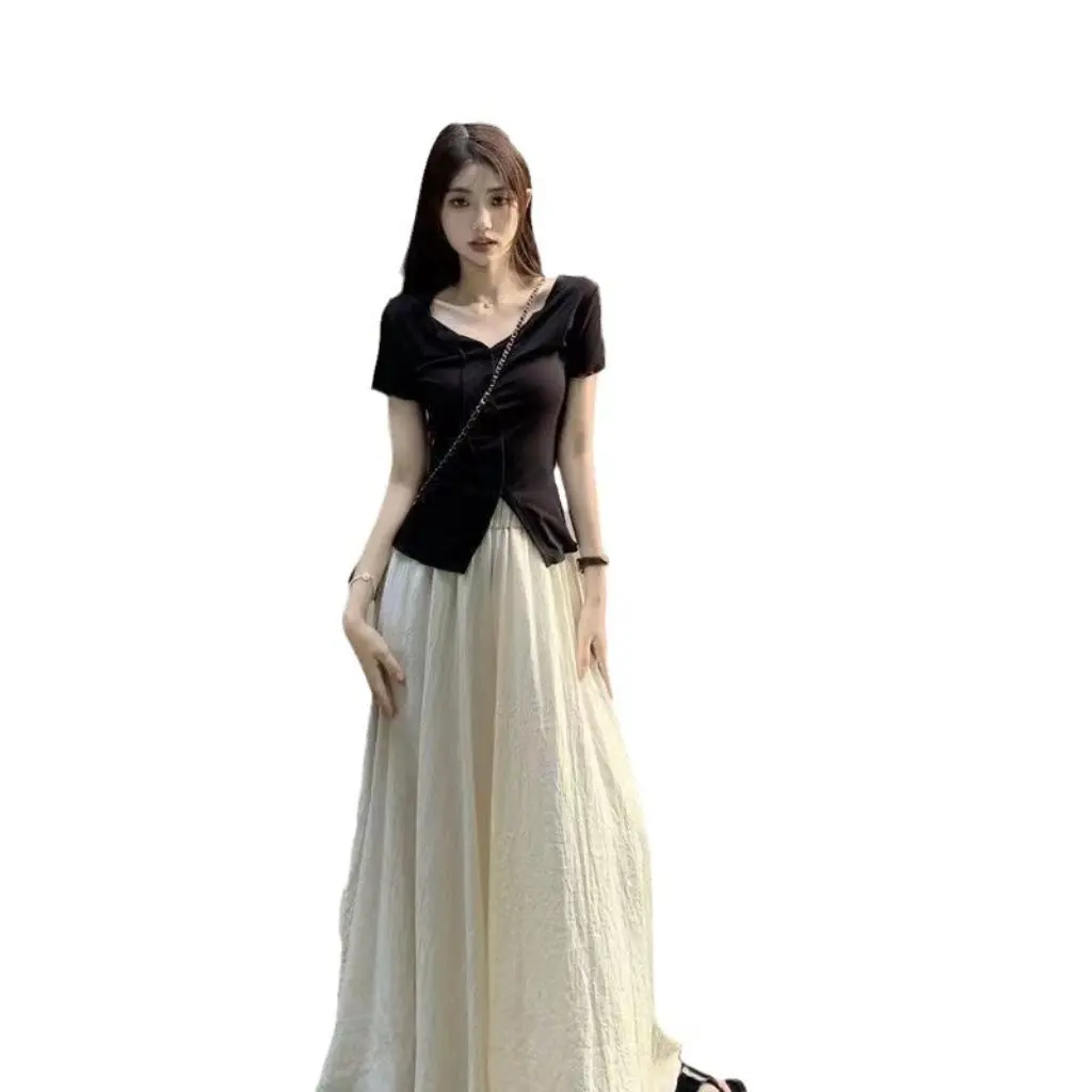 

Женский летний комплект футболок с короткими рукавами, брюки и юбка с высокой талией, костюм из двух предметов, нестандартный дизайн для популярных девочек