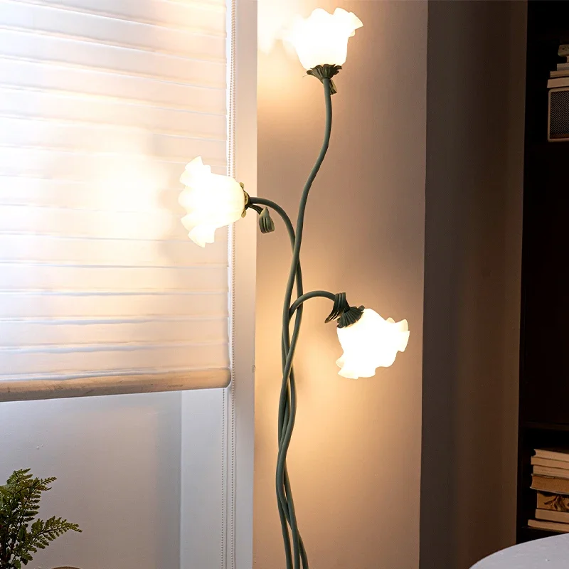 French 3 Head White Acrylic Lily LED Dimmable Floor Lamp Foot Switch Restaurant Study Kitchen Living Room Bedroom Standing Light