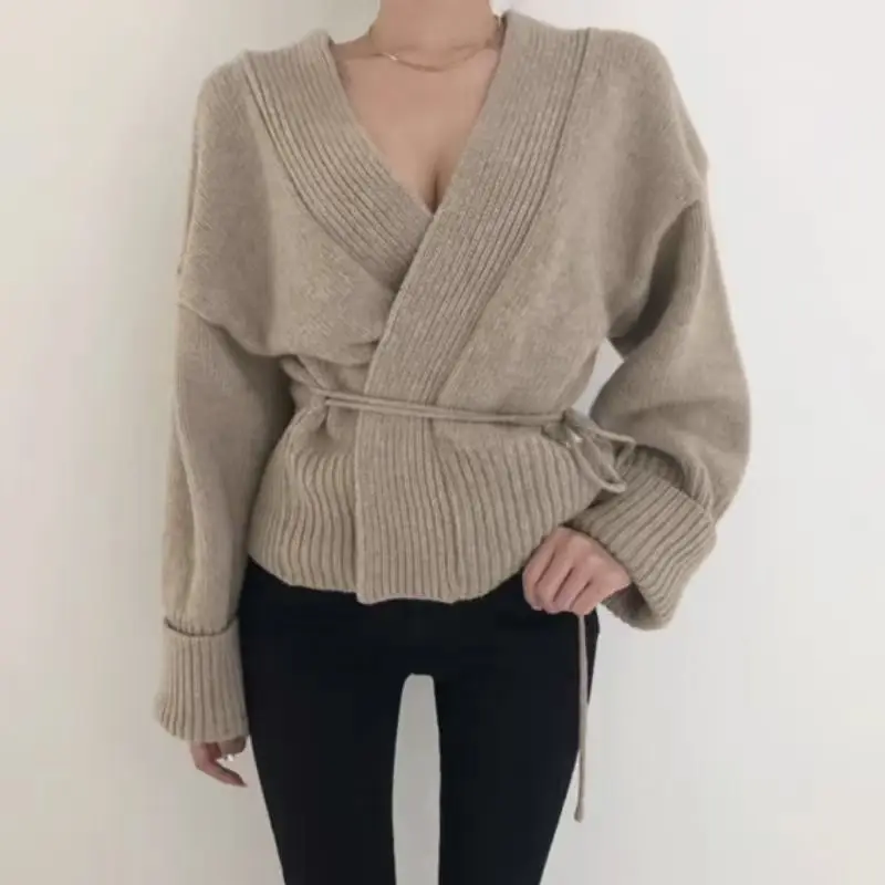 V-neck Short Knitted Cardigan Women Fall Winter Casual Loose Tied Long Sleeve Sweater Jacket 2 Colors