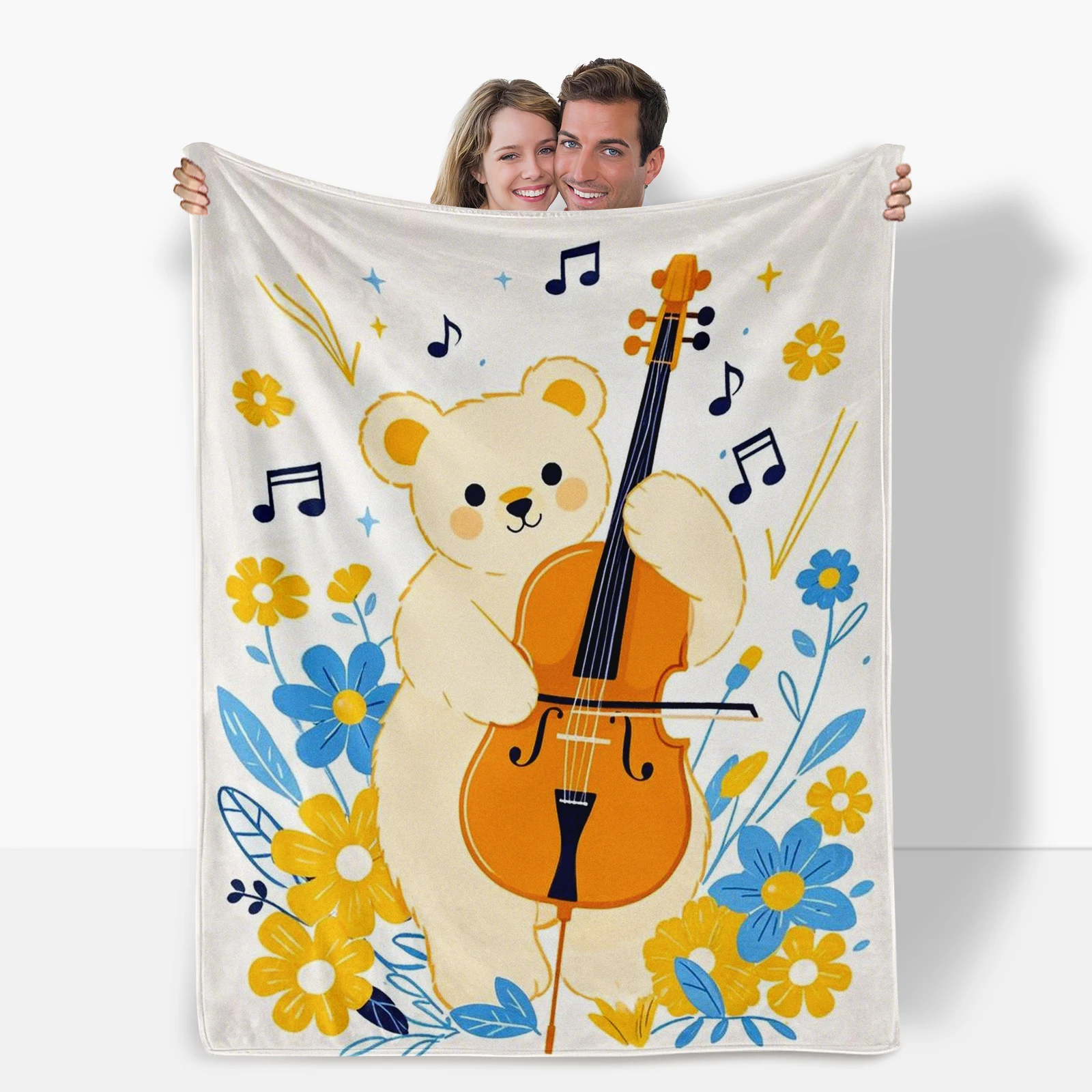 Adorable Cartoon Bear With Cello Blanket Perfect For Bringing Warmth During Music Festivals