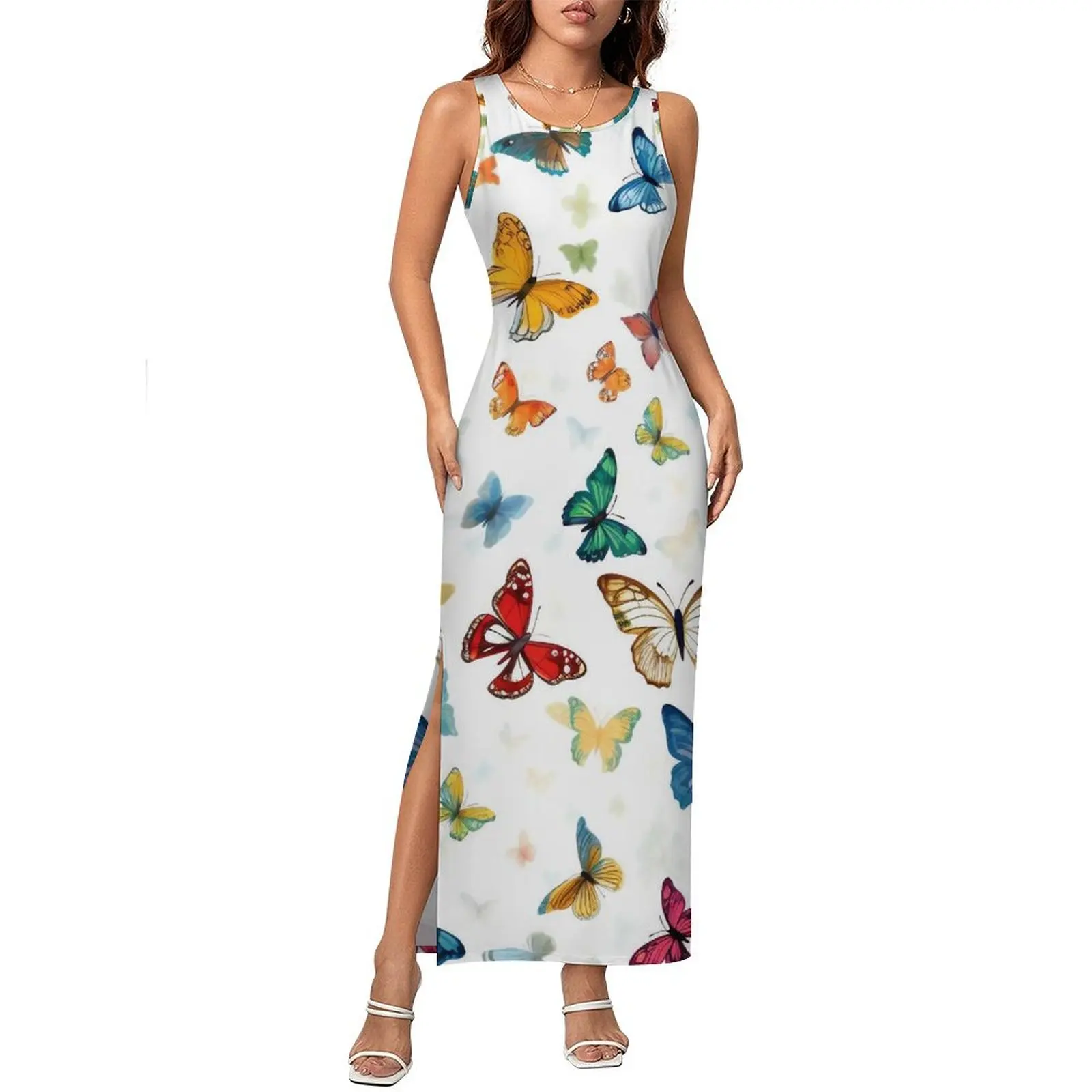 Color Butterflies Bodycon Dress Spring Animal Print Vintage Maxi Dresses Female Sleeveless Custom DIY Y2K Fashion Dress Big Size