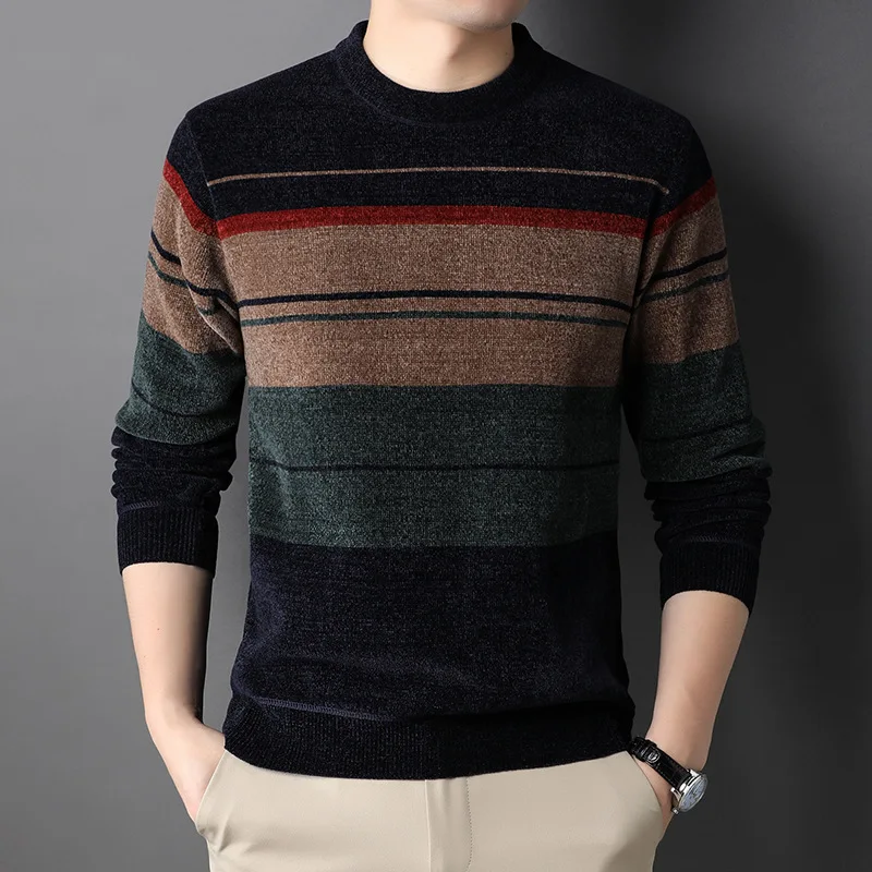 Fashion Casual Thickening Round Neck Striped Men\'s Sweaters Autumn Winter Classic Long Sleeve Warm Knit Pullovers Male Clothes