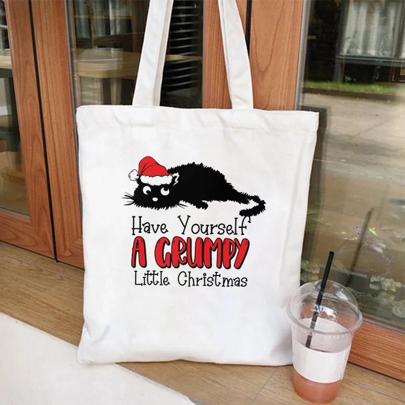 Have Yourself A Crumpy Little Christmas Black Cat Shoulder Bag Women's Handbags Large Capacity Student Teen Shopping Tote Bag