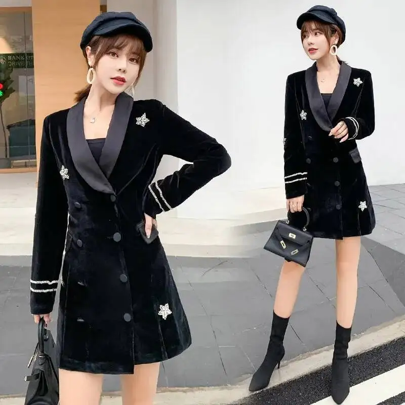 신상 벨벳 블랙 새틴 다이아몬드 스타 수트 드레스 여성 2025 가을 우아한 더블 브레스티드 긴 소매 오피스 드레스