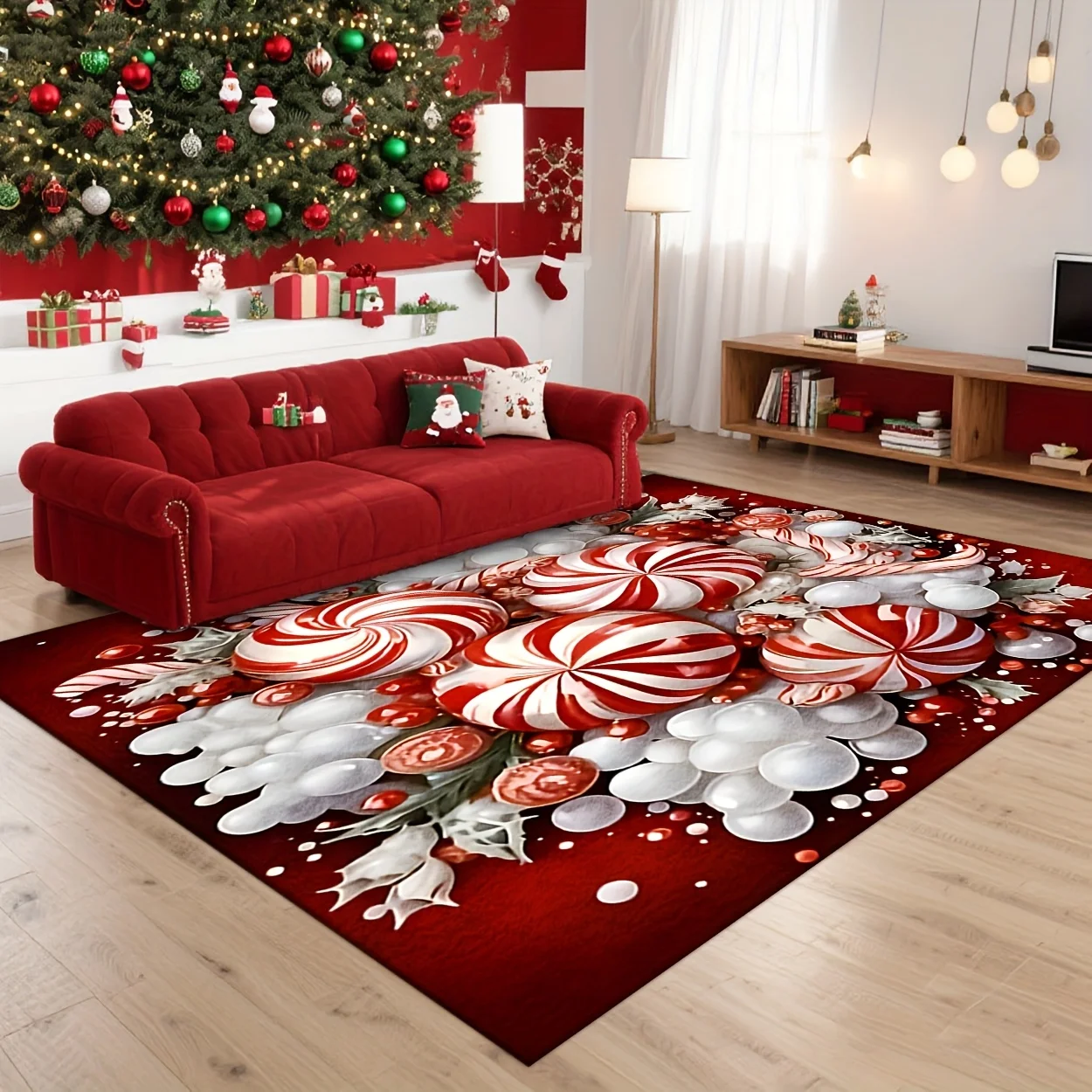 3D Visual Peppermint Candy Christmas Printed Area Rug, 2D Flat Design, Holiday Decor Floor Mat for Entryway,Living Room, Bedroom